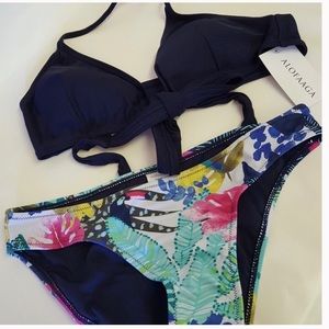 Alofaaga 2 Piece Bikini Navy Top Floral Bottom Sz M